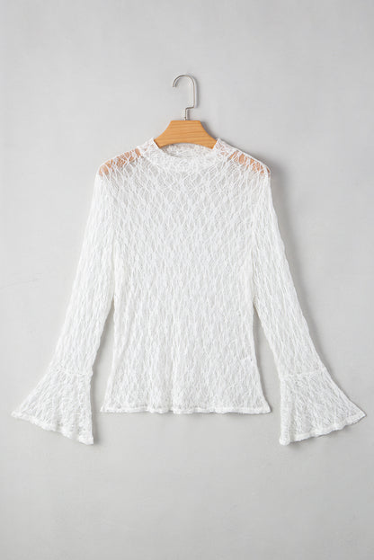 Sheer Lace Bell Sleeve Mock Neck Blouse