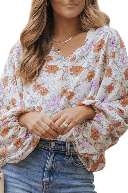 Floral Lantern Sleeve V-Neck Blouse