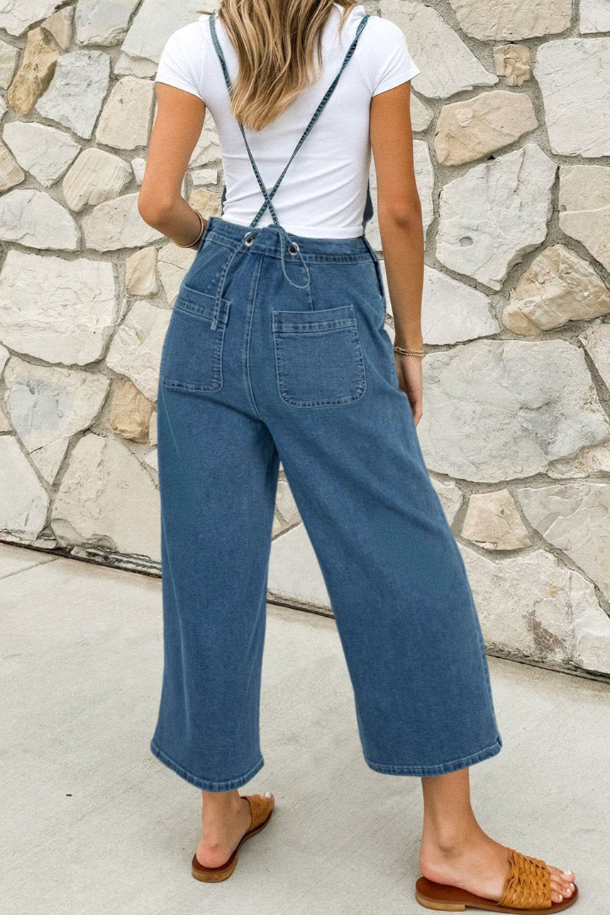 Denim Tie Straps Cropped Overalls