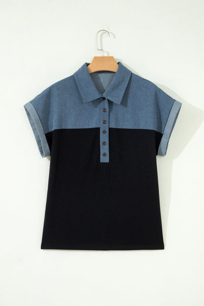 Colorblock Denim Patchwork Polo Collar Top