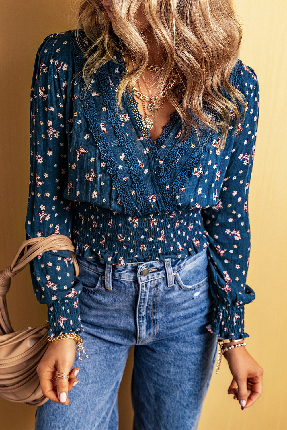 Floral Lace Smocked Waist Blouse