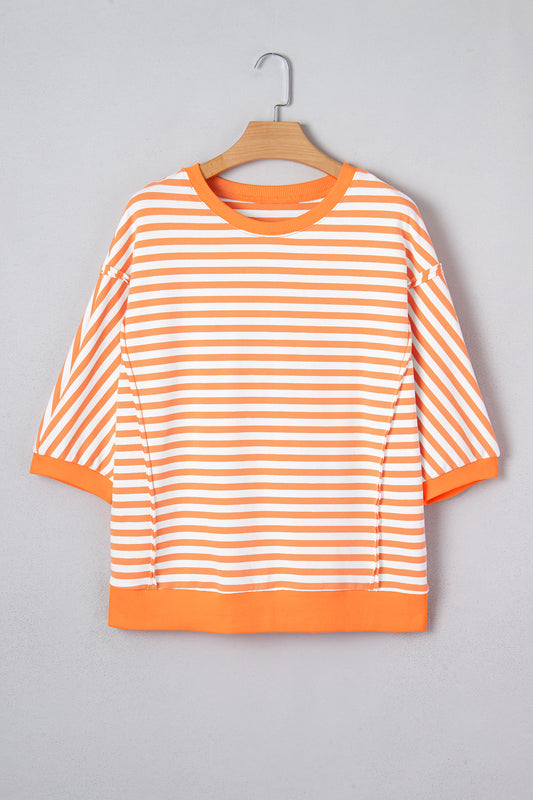 Stripe 3/4 Sleeve Exposed Seam Pullover Top
