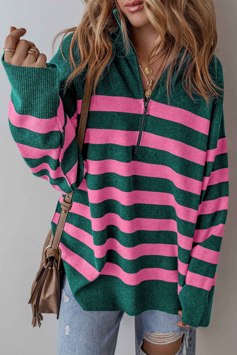 Stripe Quarter Zip Oversized Sweater