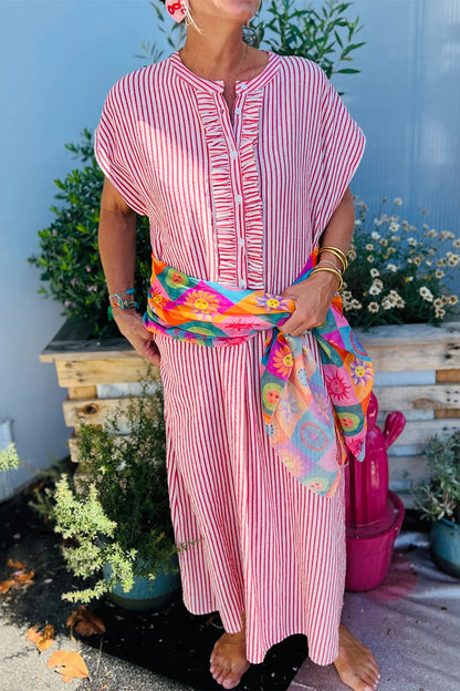 Stripe Frilled Half Buttoned Maxi Dress