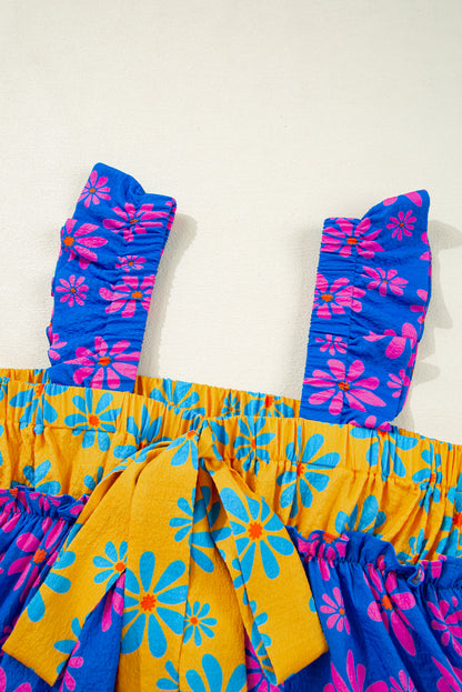 Floral Colorblock Ruffle Strap Flowy Tank Top