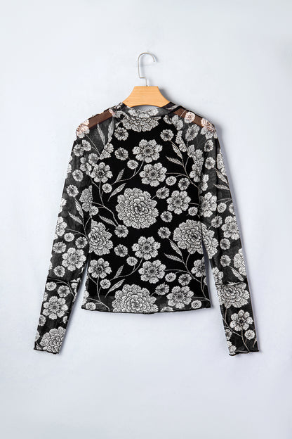 Floral Mesh Thumbhole Long Sleeve Top