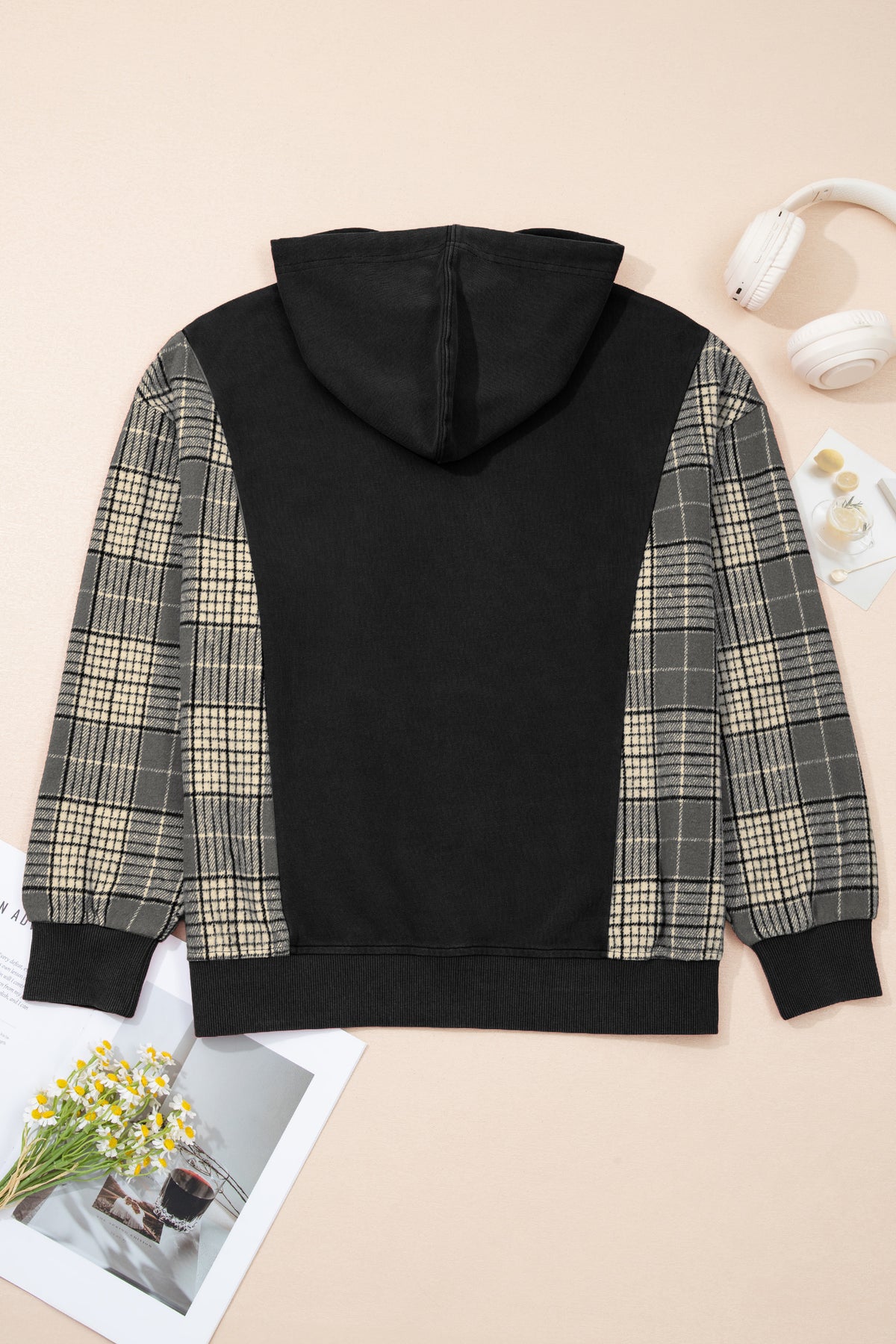 Plaid Patchwork Pocketed Drawstring Hoodie