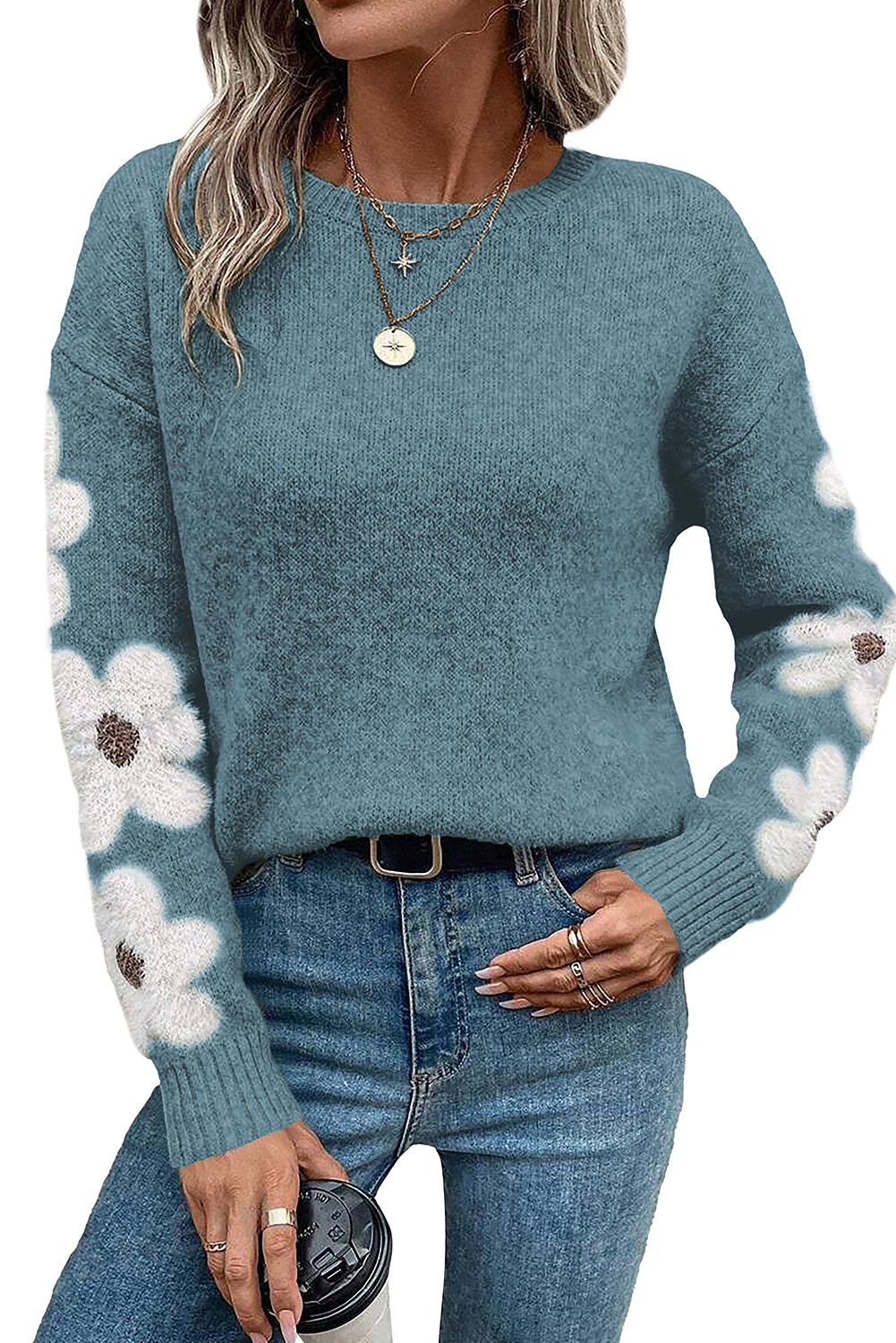 Floral Sleeve Drop Shoulder Sweater