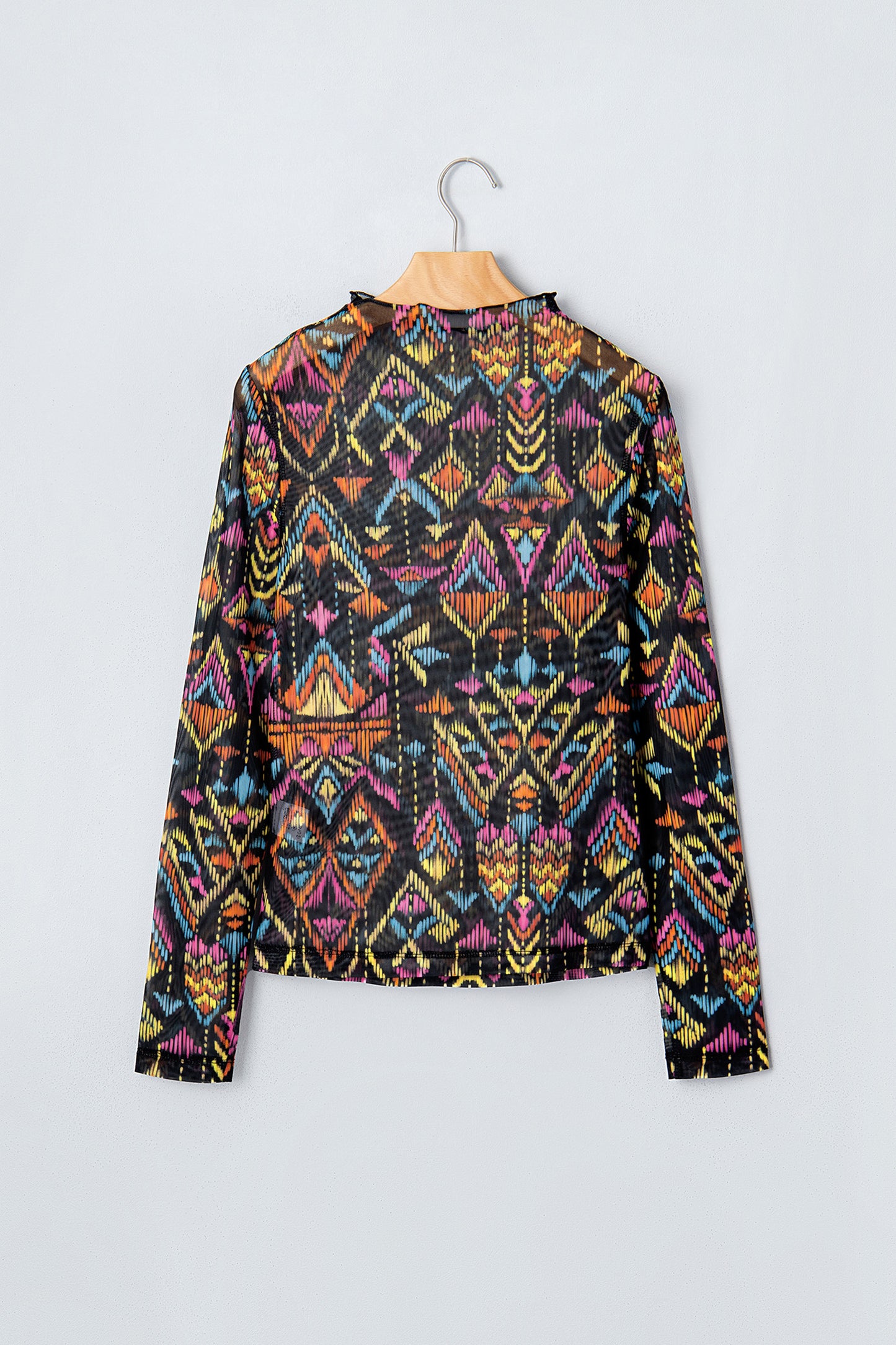 Aztec Mesh Mock Neck Long Sleeve Top