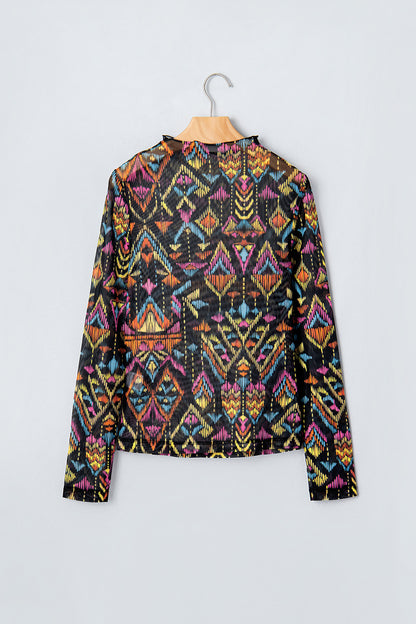 Aztec Mesh Mock Neck Long Sleeve Top