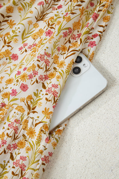 Floral Frilled Trim Smocked Cuff Dress