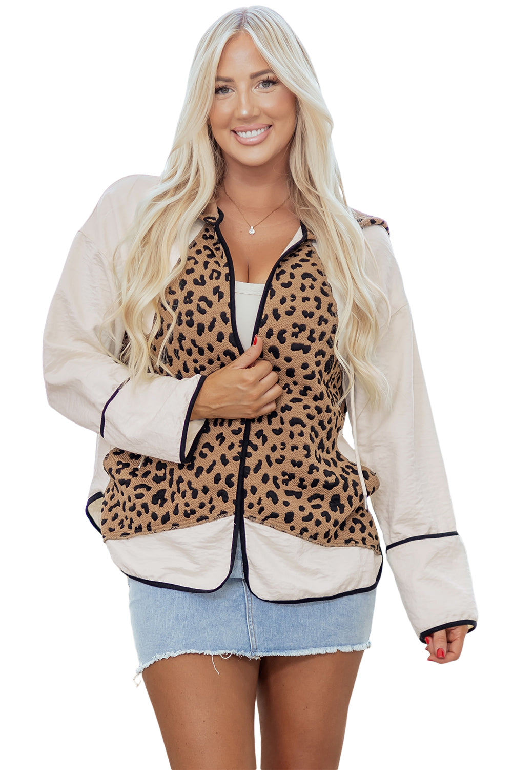 Leopard Star Patchwork Open Front Hooded Jacket
