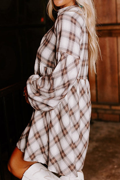 Plaid Bubble Sleeve Shirt Dress