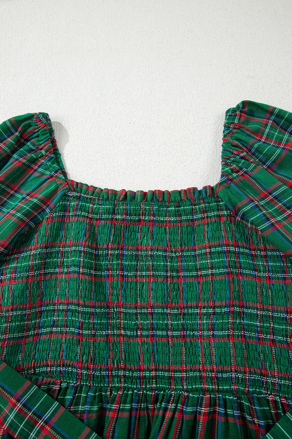 Plaid Square Neck Puff Sleeve Belted Midi Dress