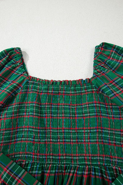 Plaid Square Neck Puff Sleeve Belted Midi Dress