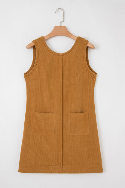 Solid Corduroy Sleeveless Pocketed Mini Dress