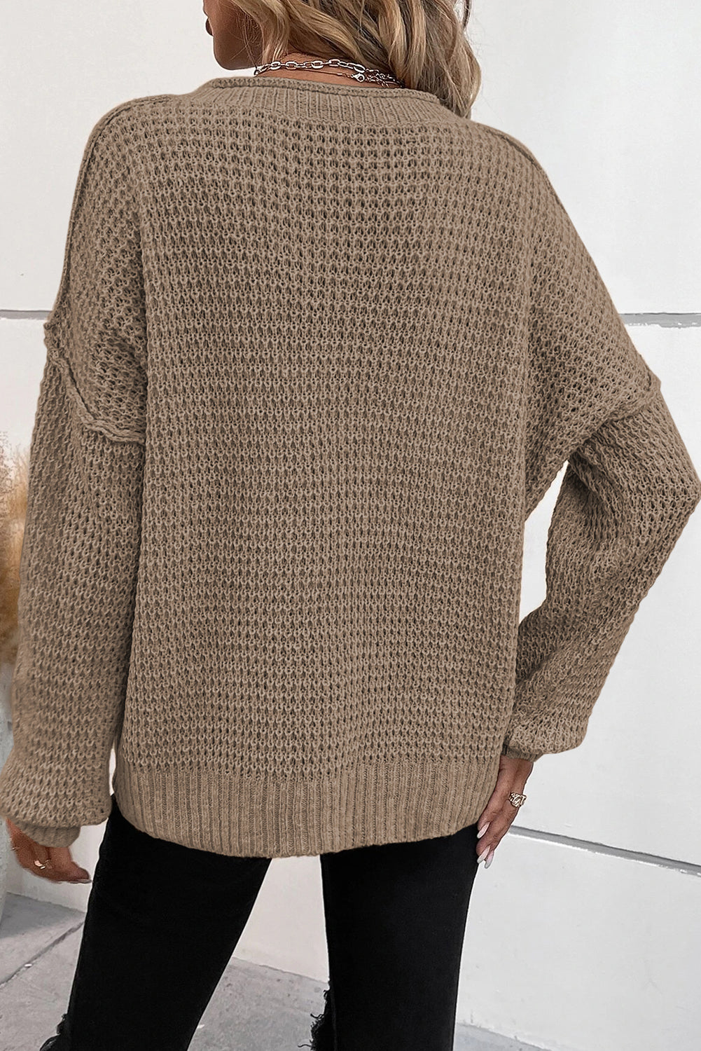 Chunky Waffle Buttoned V-Neck Sweater