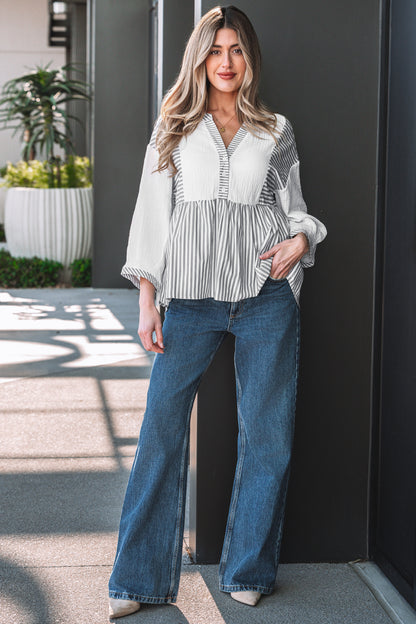 Stripe Gauze Patchwork Half Buttoned Babydoll Blouse