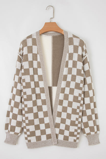 Checker Open Front Drop Shoulder Cardigan