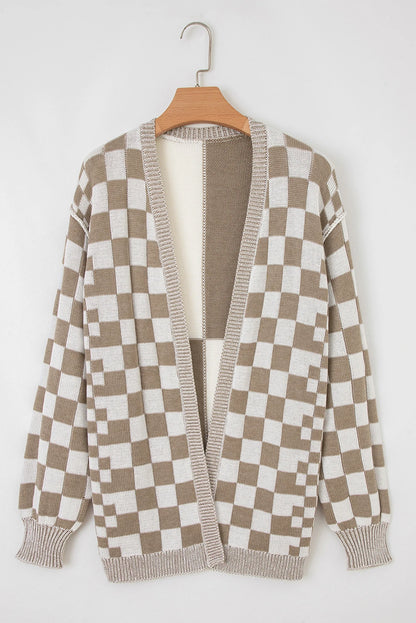 Checker Open Front Drop Shoulder Cardigan