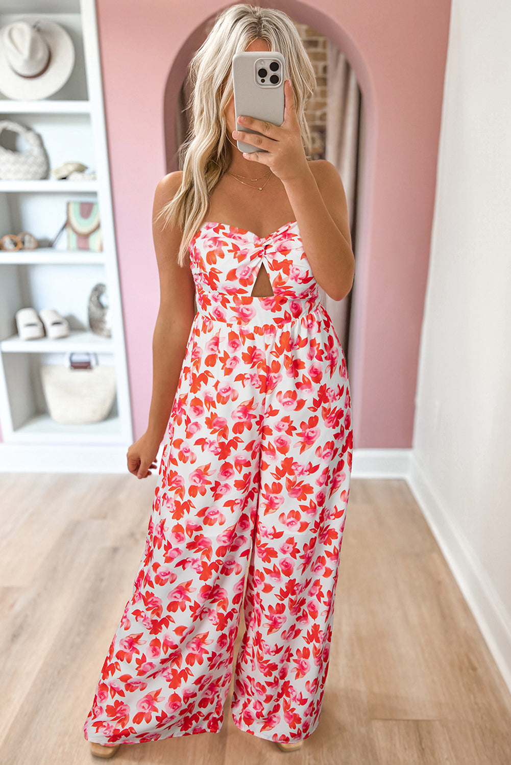 Pink Floral Print Twisted Bandeau Keyhole Pleated Wide Leg Jumpsuit