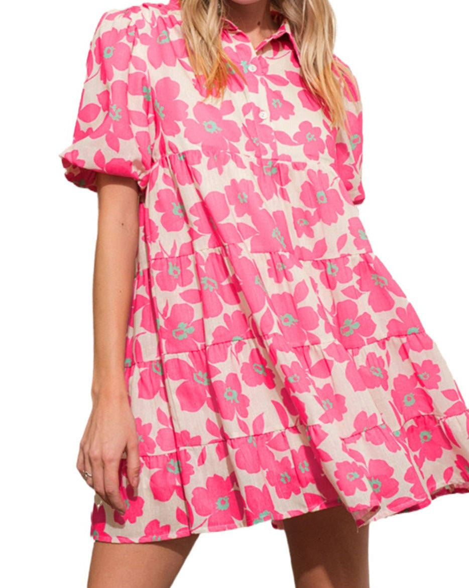 Floral Tiered Mini Shirt Dress