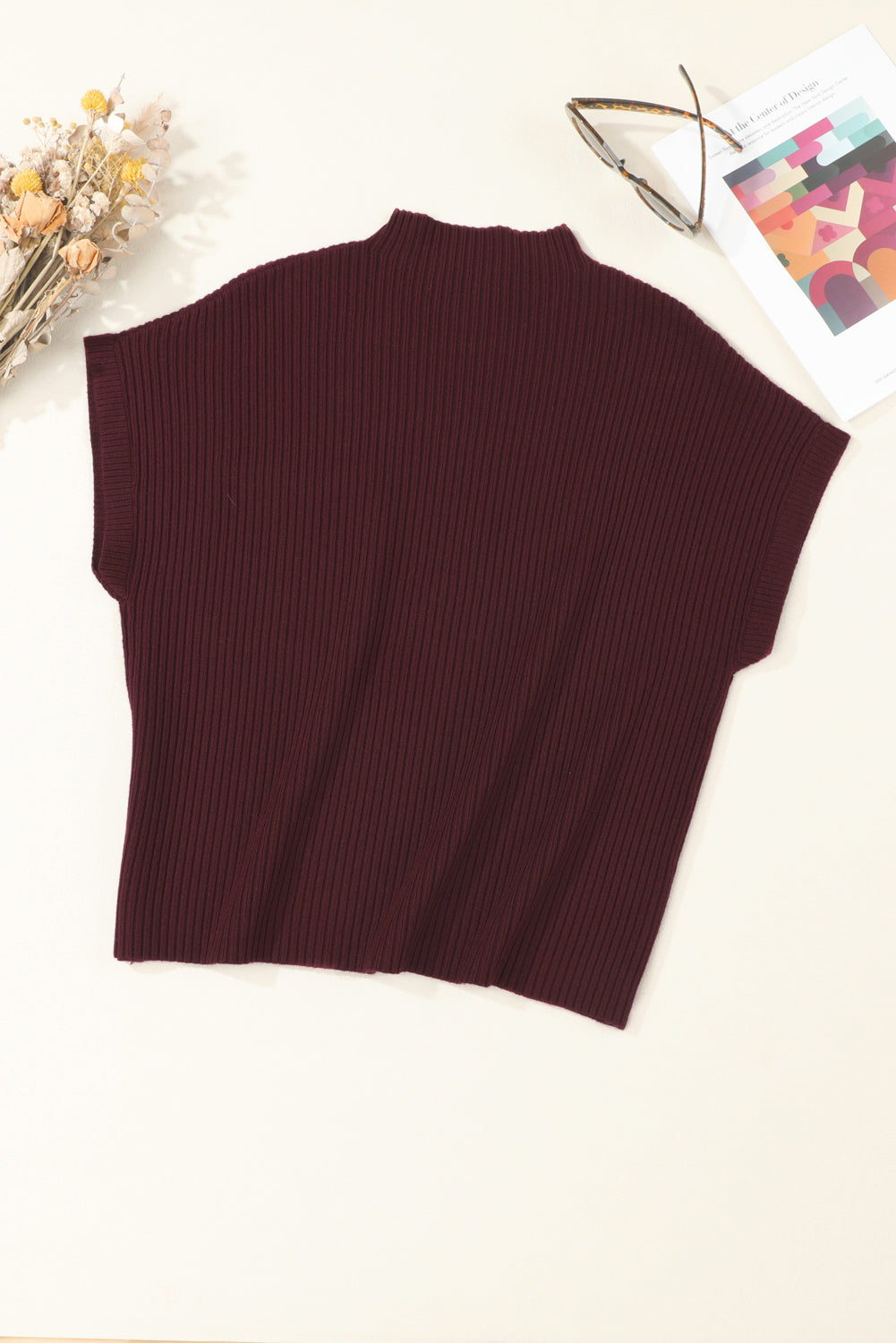 Solid Ribbed Knit Patch Pocket Short Sleeve Sweater