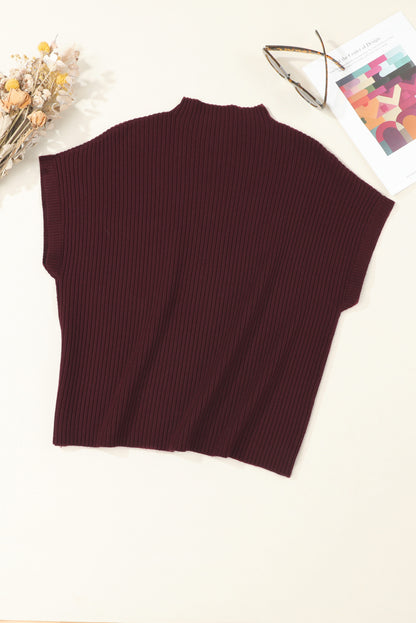 Solid Ribbed Knit Patch Pocket Short Sleeve Sweater