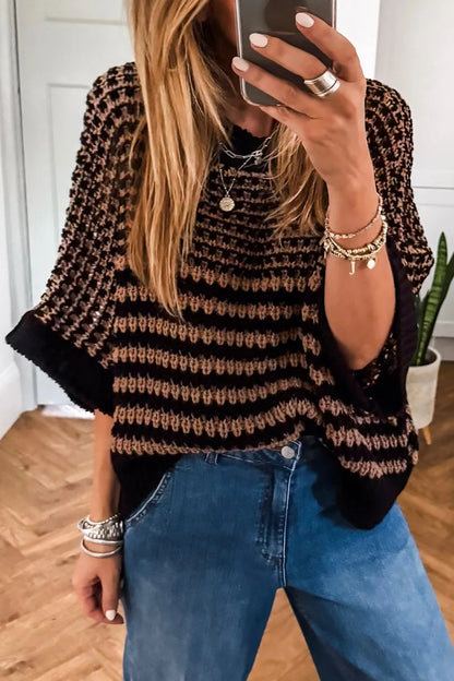 Stripe Draped 3/4 Sleeve Slouchy Sweater