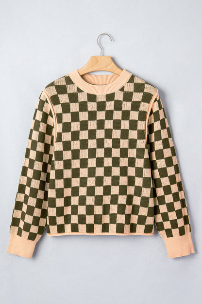 Checker Drop Shoulder Long Sleeve Knit Sweater