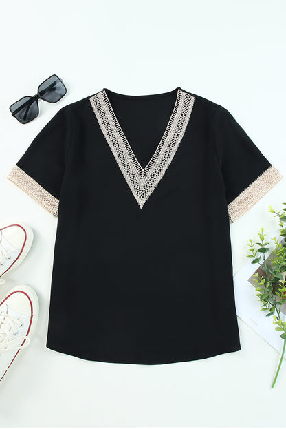 Contrast Lace Trim V-Neck Short Sleeve Blouse