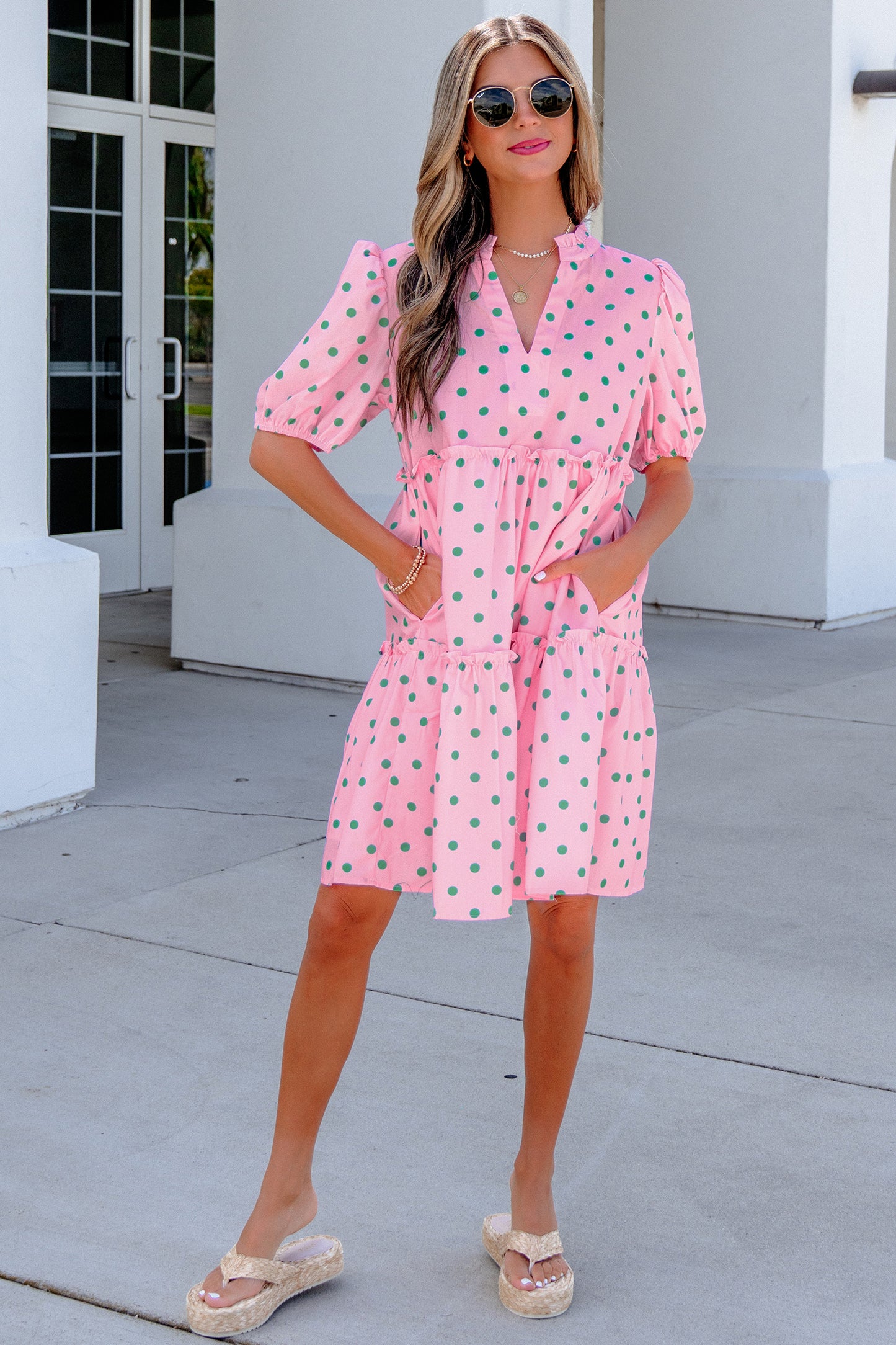 Polka Dot V-Neck Short Sleeve Tiered Mini Dress