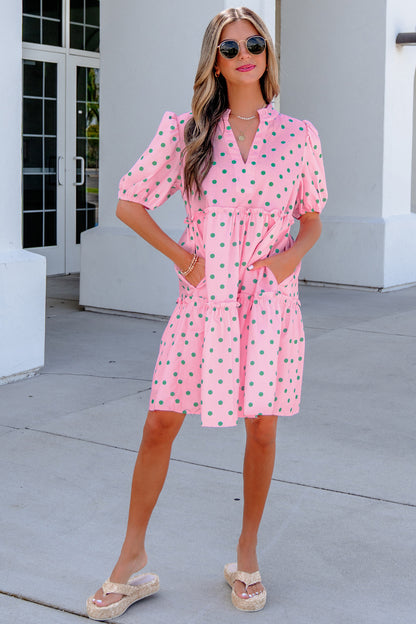 Polka Dot V-Neck Short Sleeve Tiered Mini Dress