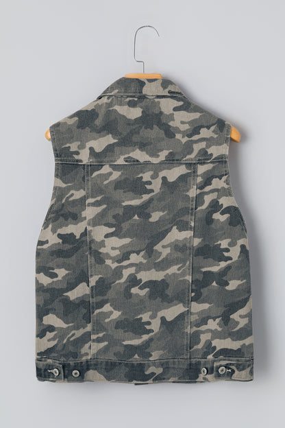 Camo Denim Cargo Pocket Buttoned Vest