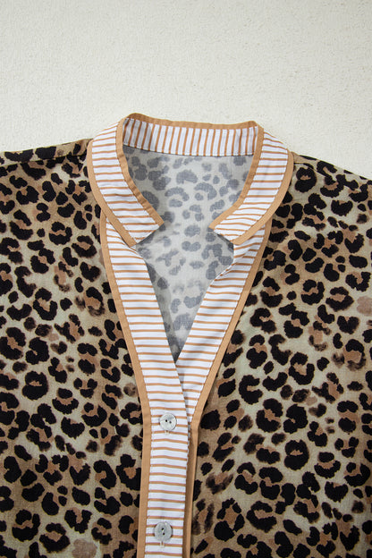 Leopard Contrast Stripe Buttoned V-Neck Shirt