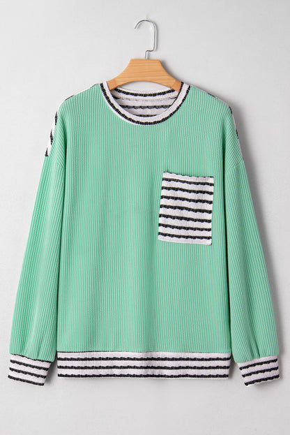 Stripe Corded Knit Patchwork Long Sleeve Top