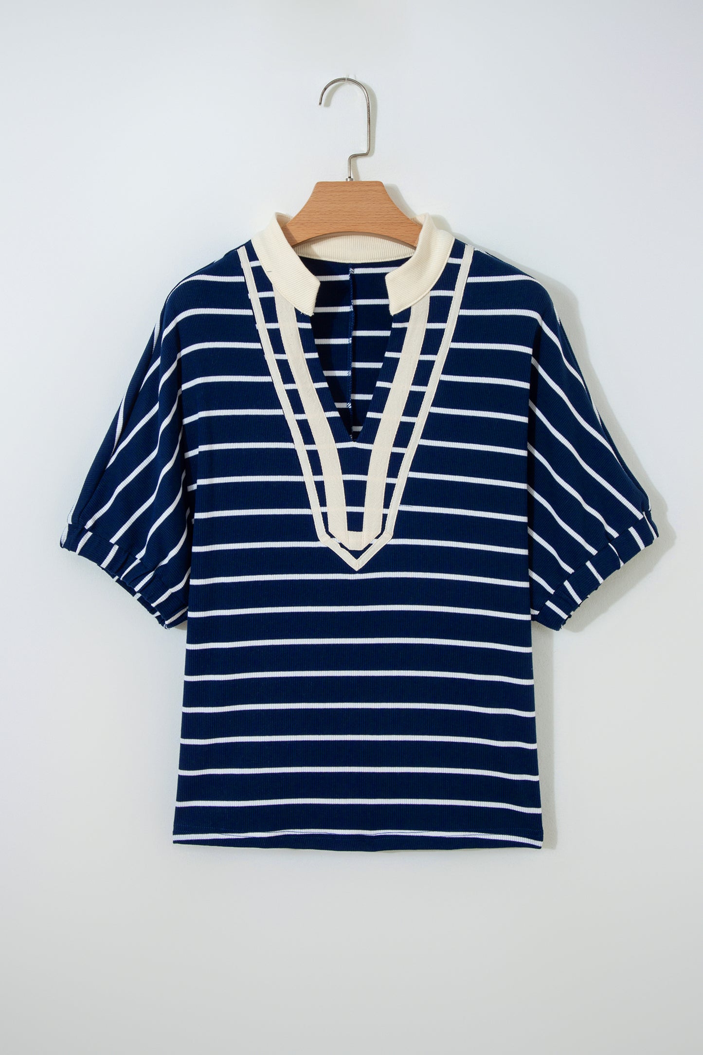 Stripe Stand Collar V-Neck Dolman Sleeve Top