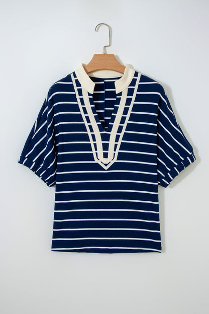 Stripe Stand Collar V-Neck Dolman Sleeve Top