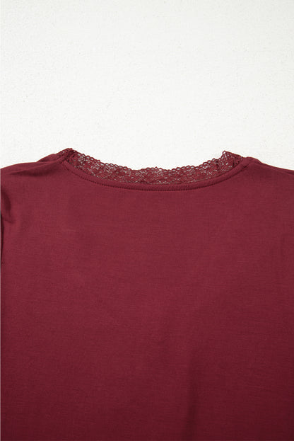 Lace Trim Ruched V-Neck Long Sleeve Top