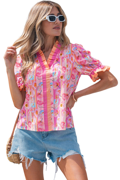 Floral Poppy Stripe Colorblock V-Neck Short Sleeve Blouse