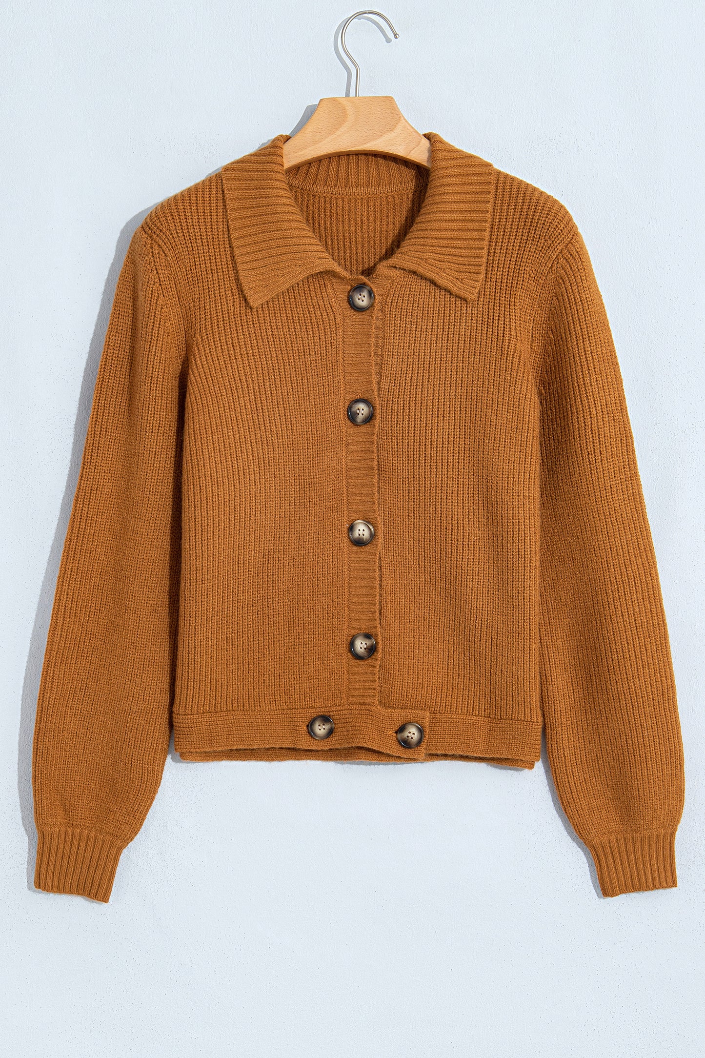 Solid Ribbed Knit Collared Button Front Cardigan