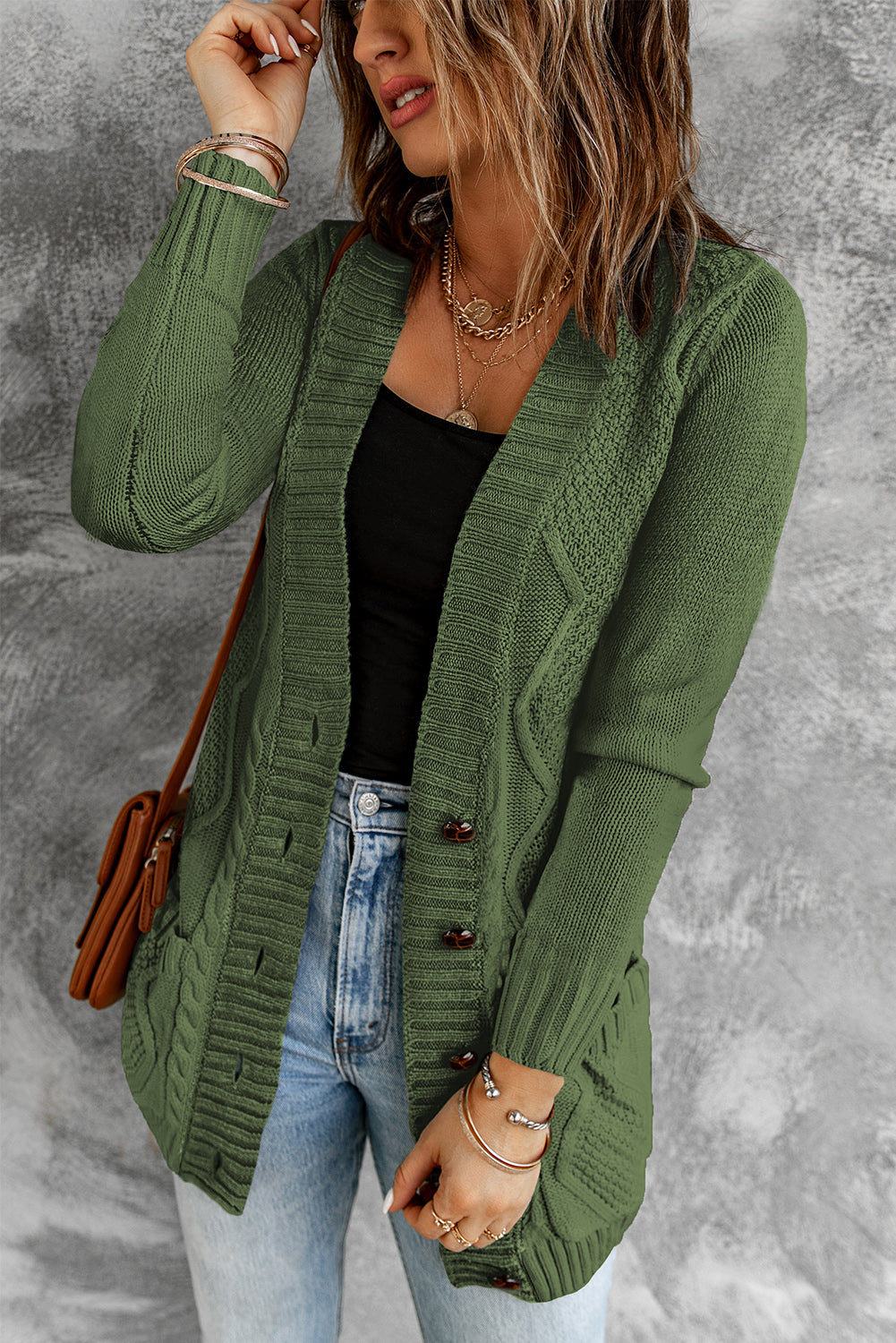 Cable Button Front Pocketed Cardigan