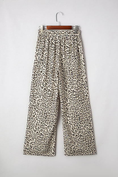 Leopard Drawstring Elastic Waist Straight Leg Pants