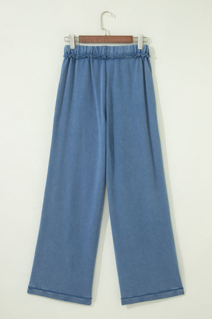 Solid Mineral Wash Drawstring Wide Leg Pants