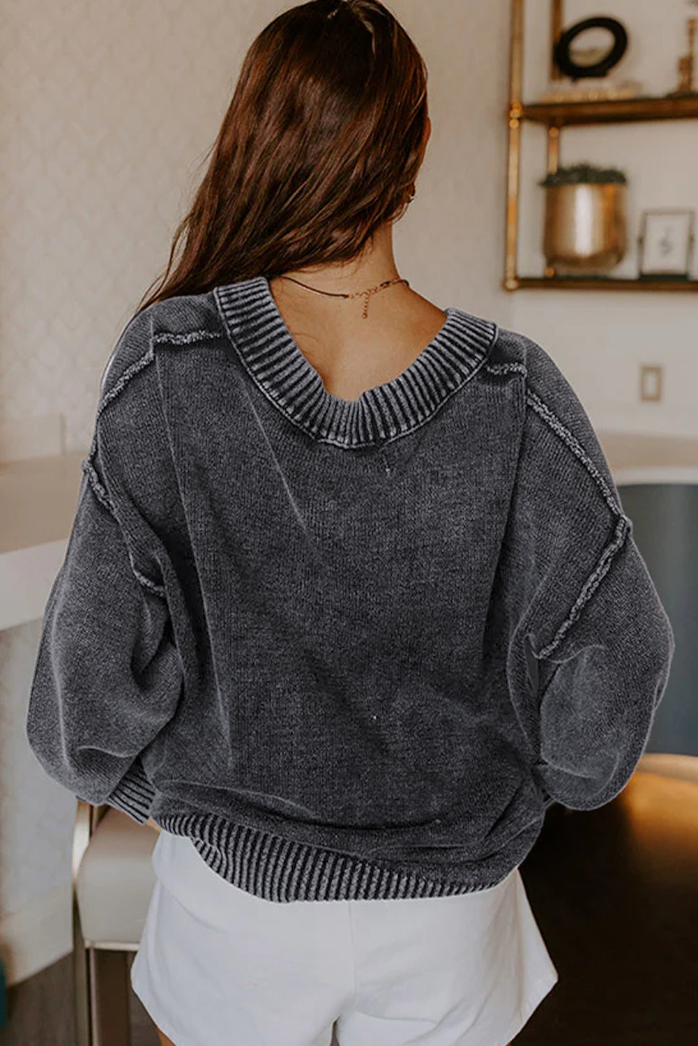 Mineral Wash Reverse Seam V-Neck Drop Shoulder Sweater
