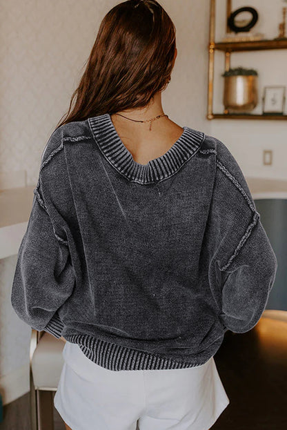 Mineral Wash Reverse Seam V-Neck Drop Shoulder Sweater
