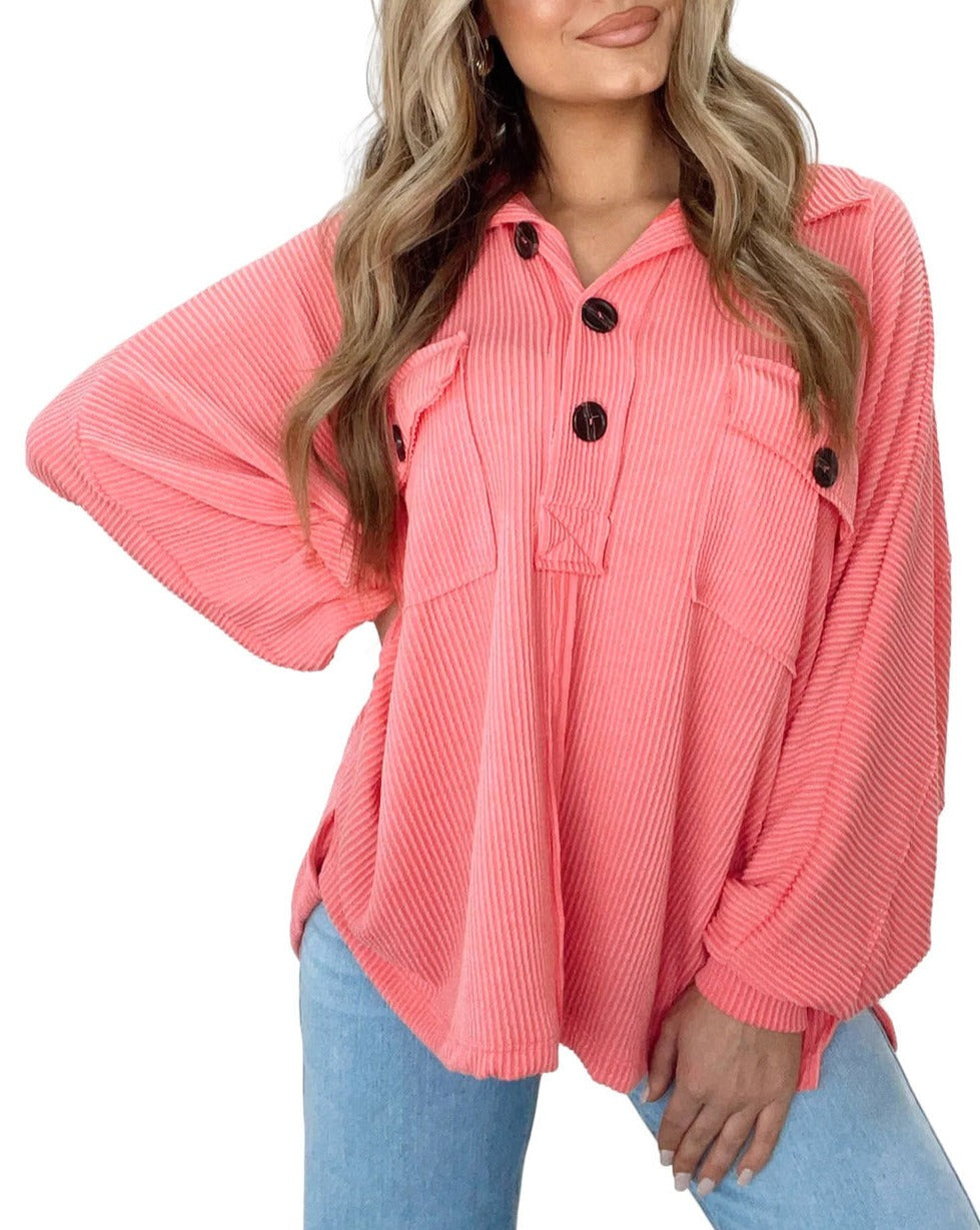 Ribbed Dolman Sleeve Pocketed Top