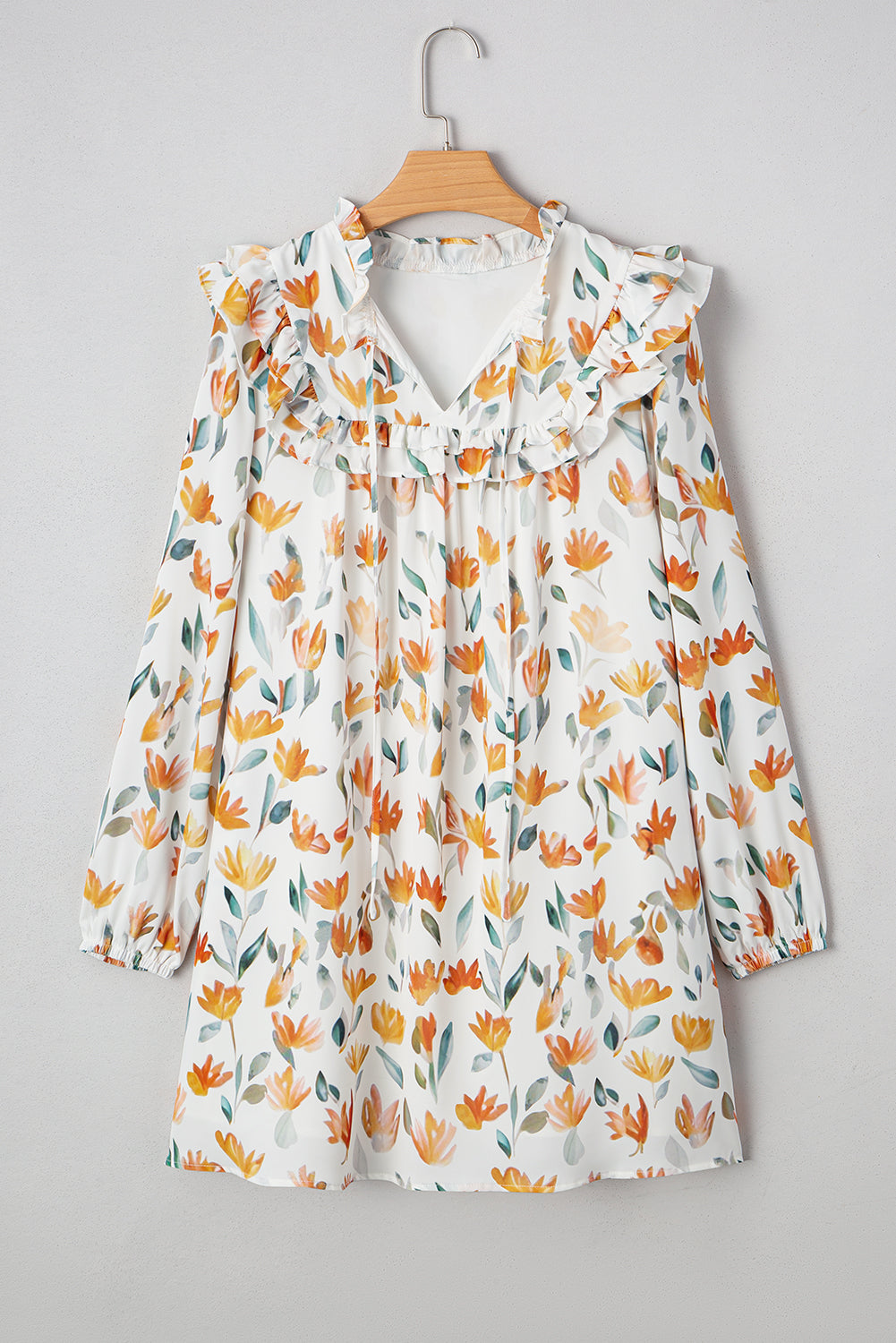 Floral Tied V-Neck Long Sleeve Mini Dress