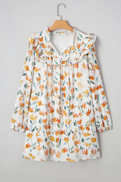 Floral Tied V-Neck Long Sleeve Mini Dress