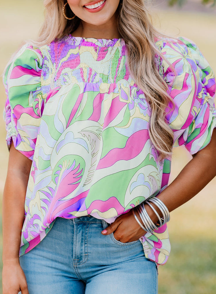 Abstract Bubble Sleeve Smocked Blouse
